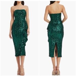 Dress The Population Alexis Sequin Strapless‎ Ruffle Dress Emerald Green Large